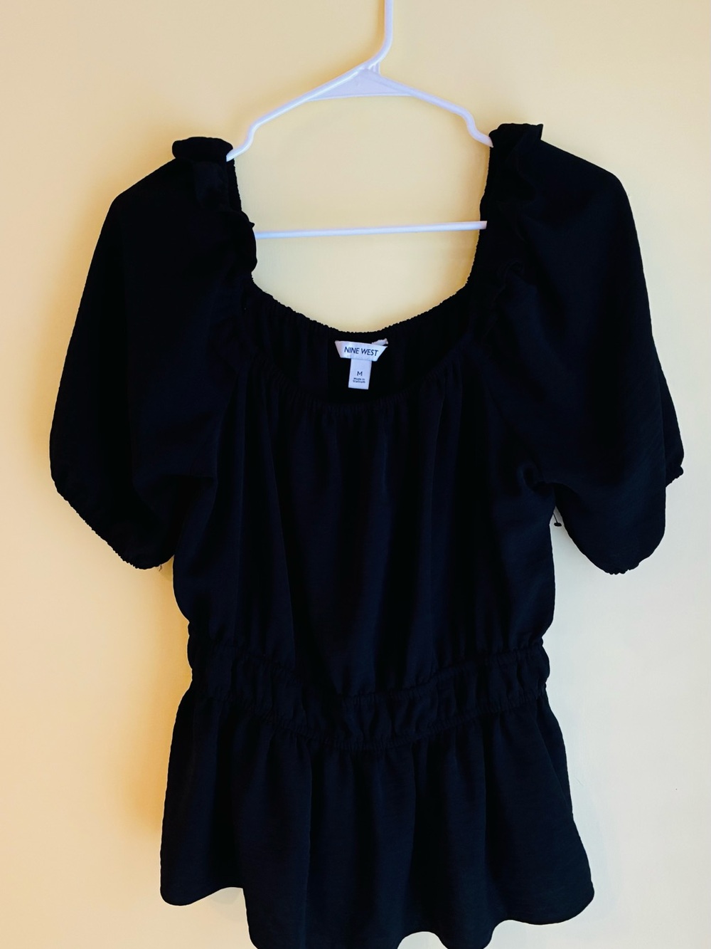 Nine West Black Puff-Sleeve Peplum Blouse